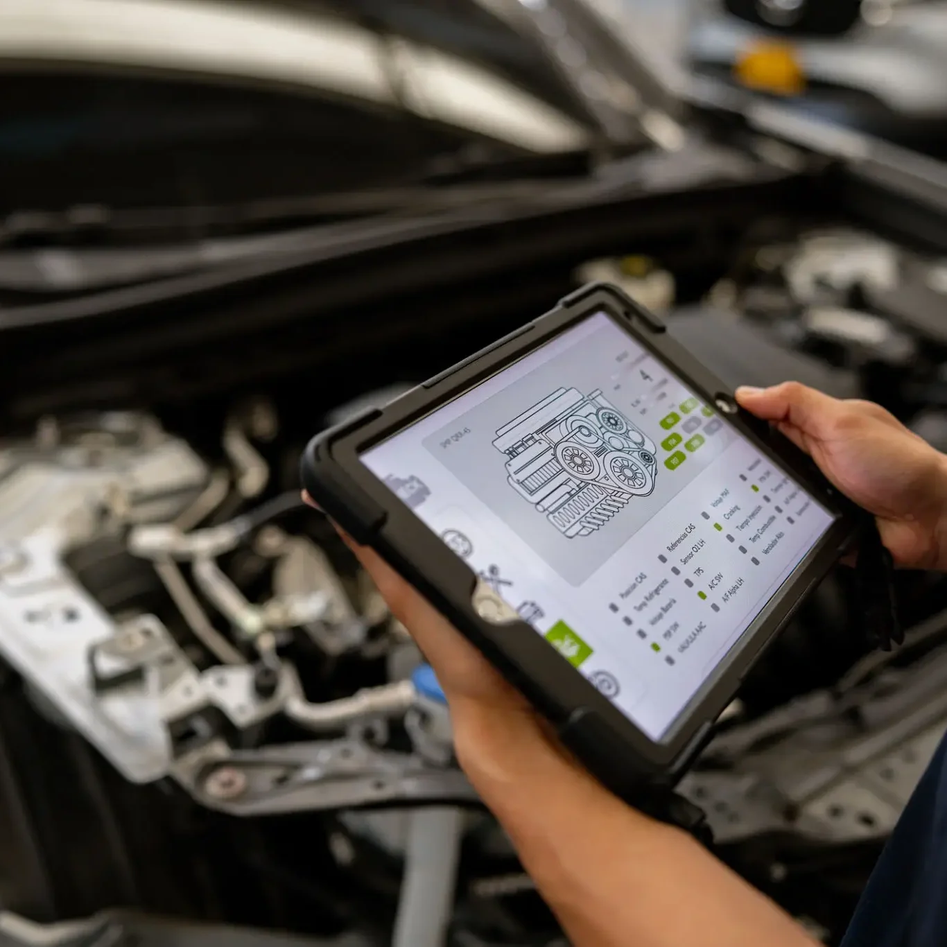 Mechanic using tablet for car diagnostics.
